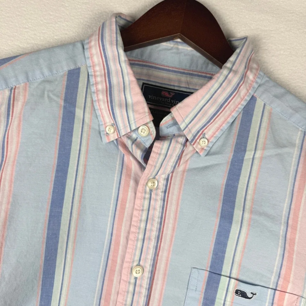 Vineyard Vines Mens M Classic Fit SS Striped Button Down Shirt Pastel Blue